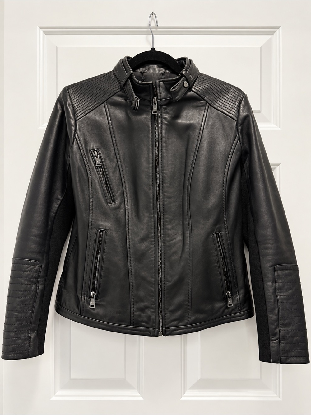 Bernardo Black Genuine Leather Moto Jacket Size M Quilted Biker Coat